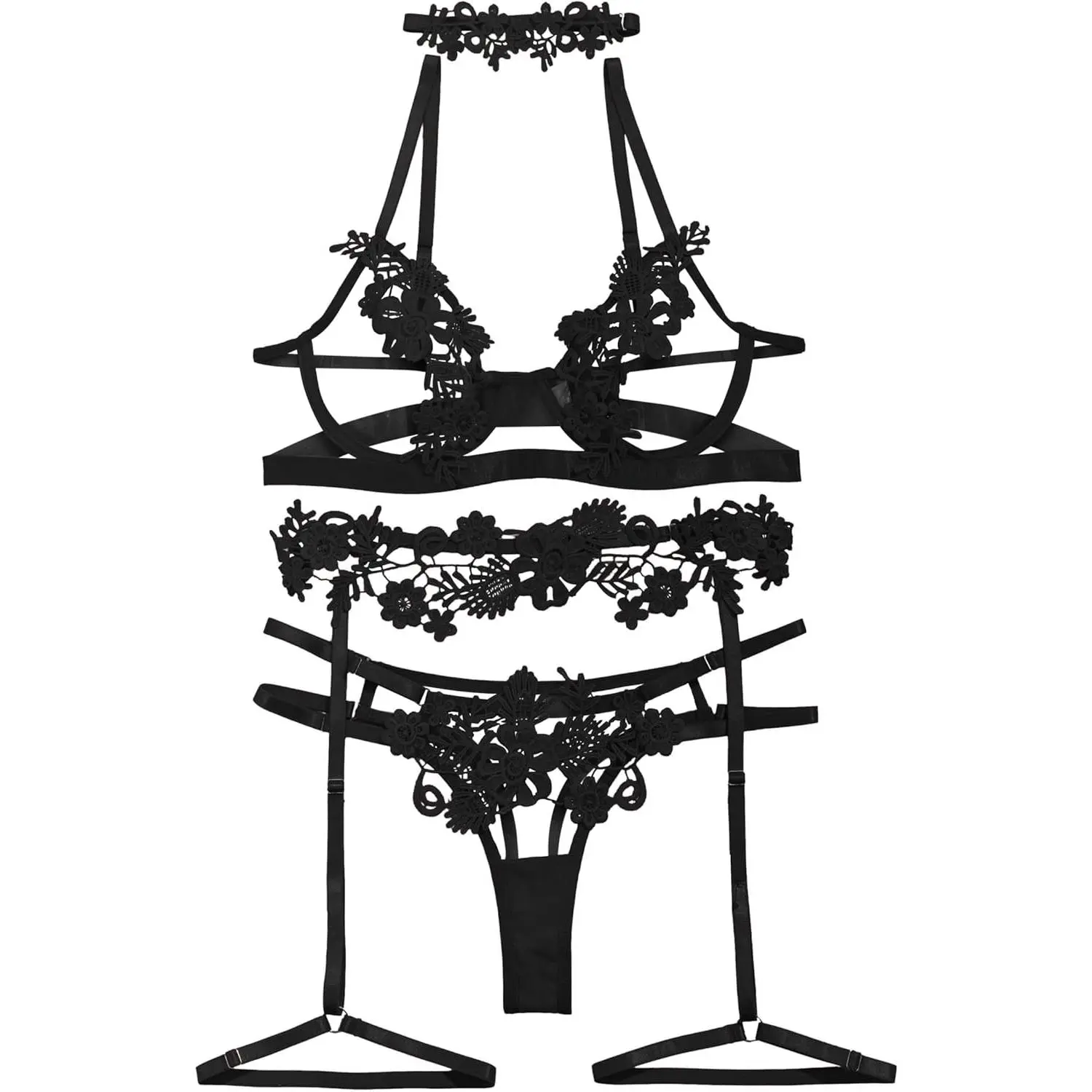 Women's Wardrobe  Lilosy Sexy Cute Applique Embroidered Underwire Push Up Garter Belt Chocker Lingerie Set