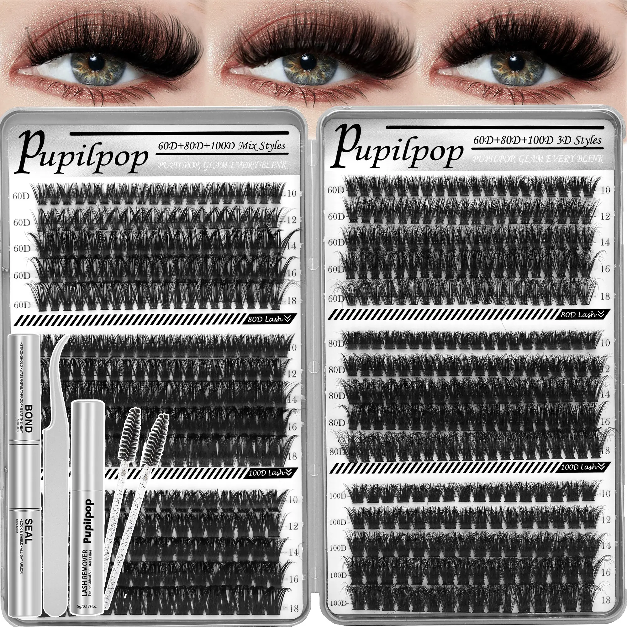 Pupilpop Mix Style Volume Lash Clusters Set – 3D Effect with 60D/80D/100D Density Options, 10–18mm D-Curve. Complete Kit with Bond, Seal, Remover, Tweezers & Brushes for Easy DIY at Home.