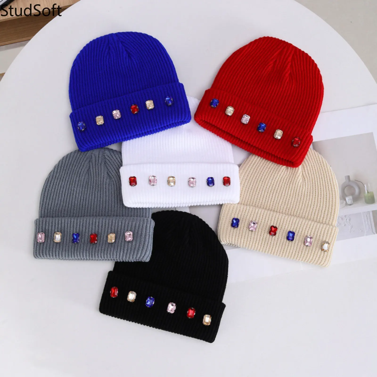 Womens Knit Beanie Hat Colorful Gemstone Decoration Slouchy Skull Cap Soft Warm Ribbed Cuff Winter Headwear For Daily Outdoor Skiing Party