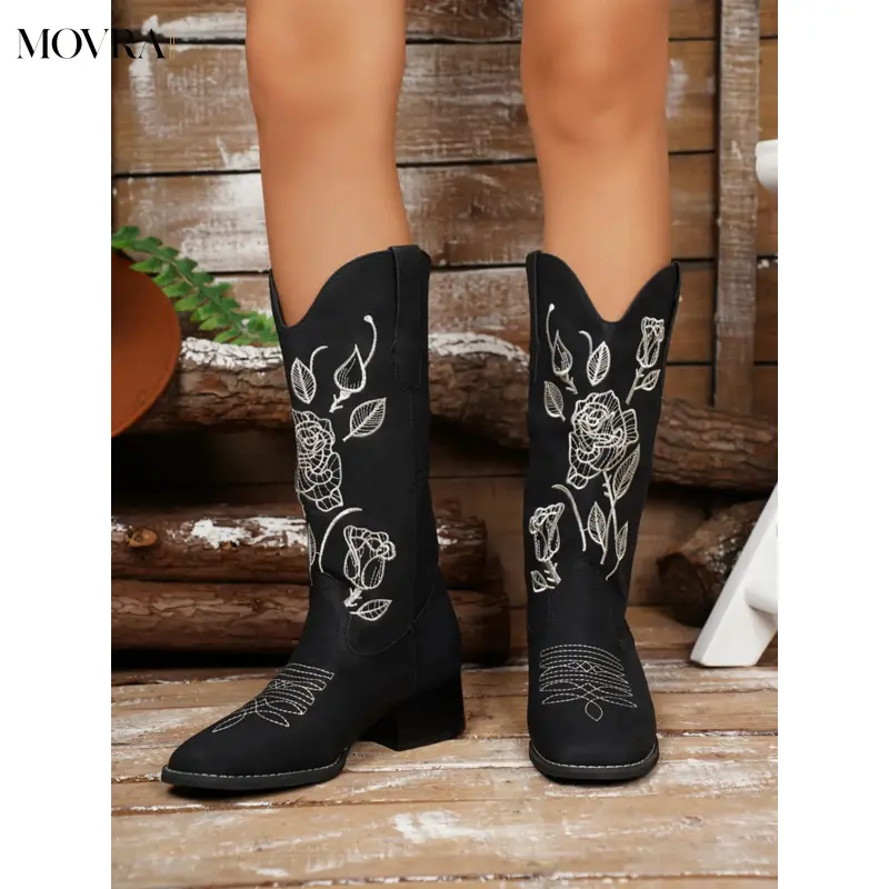 MOVRA1 Versatile Elegant Fashion Women's Solid Color Boots, Perfect Festivals and Vacations, Retro Vintage Knight Cowboy Western Boots, Trendy Girl Shoes