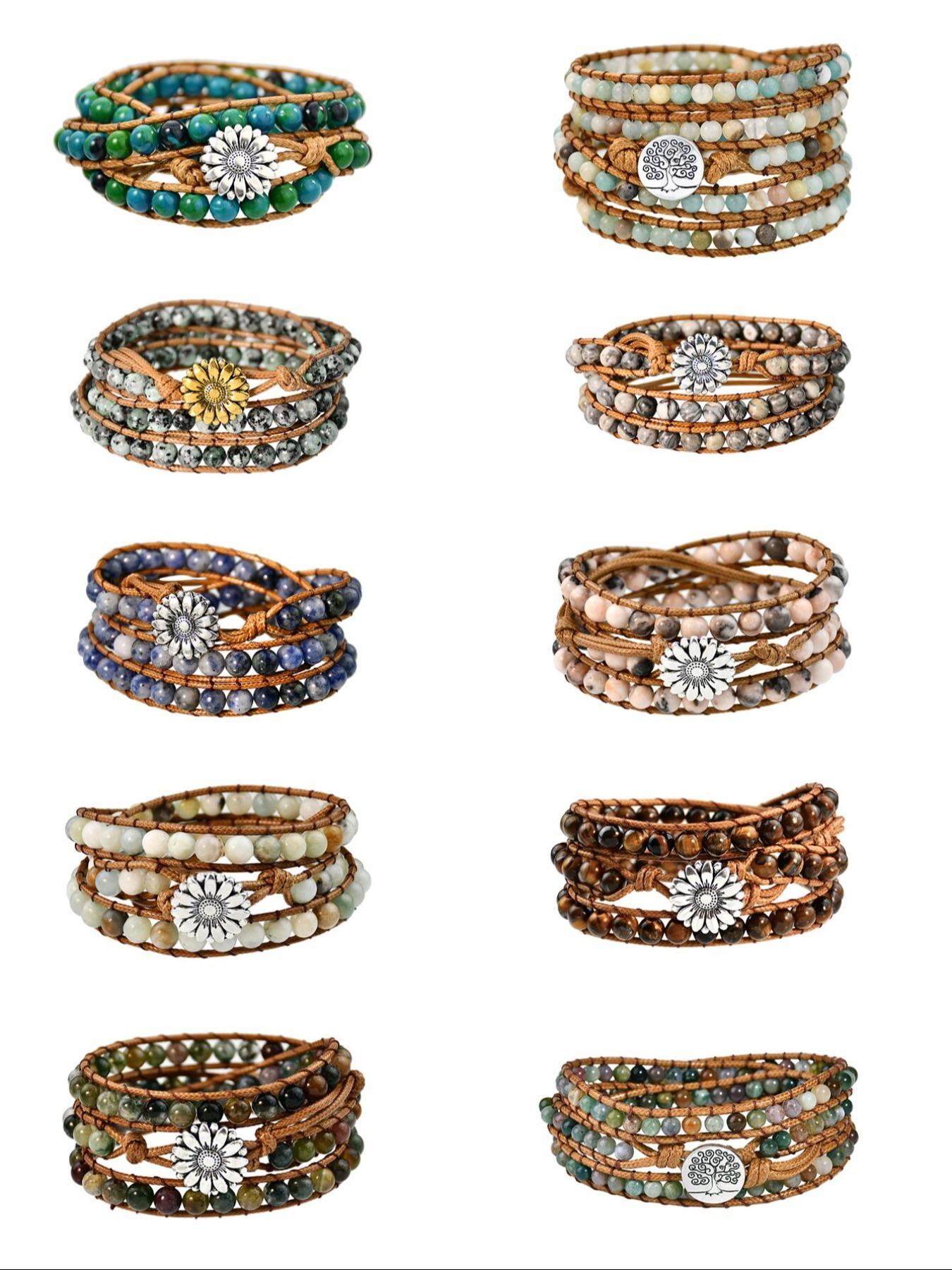 Boho Style Natural Amazonite Beaded Bracelet, Tree Of Life Charm Braided Bracelet for Women & Men, Fashion Jewelry Accessories for Daily Wear, Gift Ideas for Women