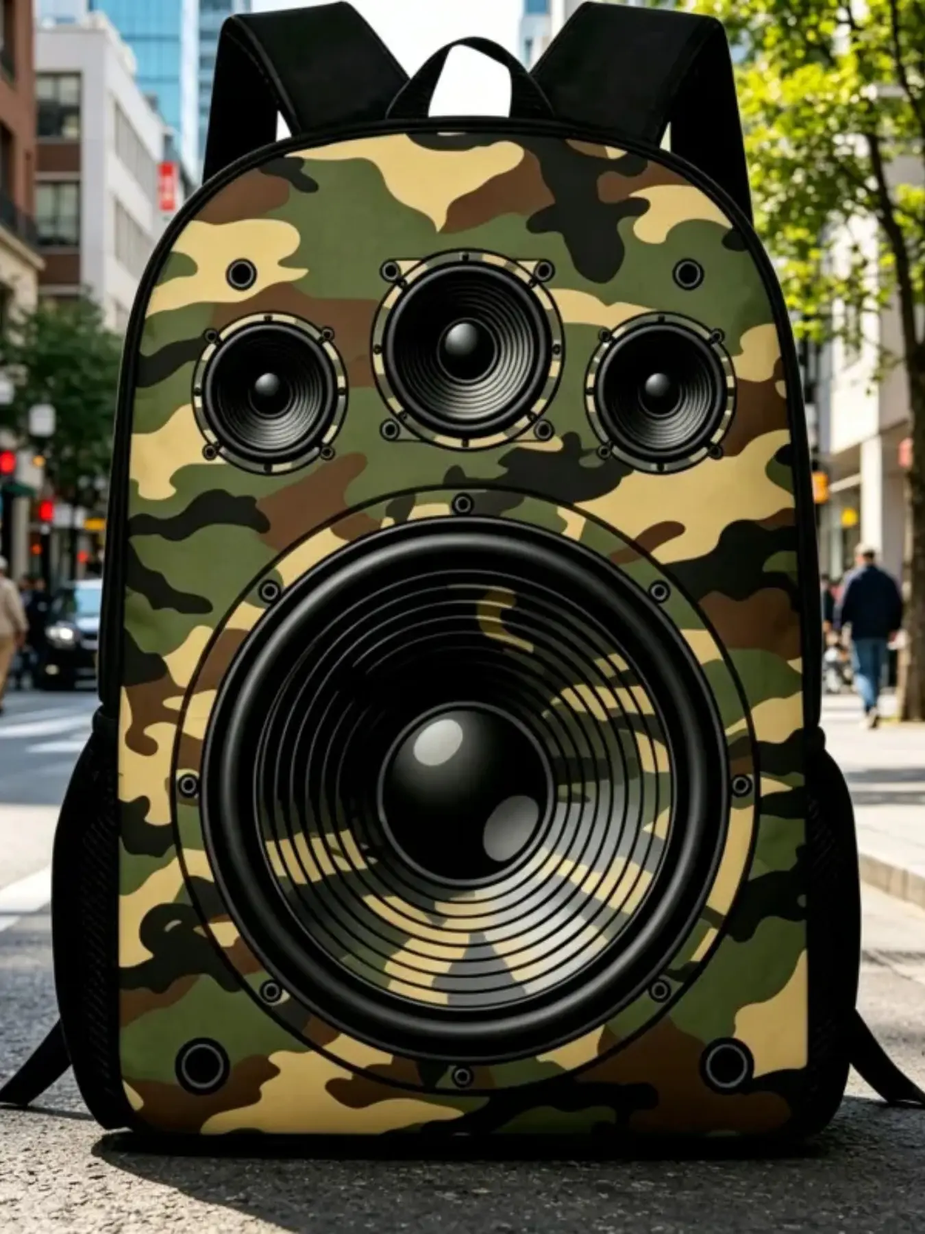 Camouflage Speaker 2D Print Backpack, Large Capacity, Music Lover Casual Daily Use Bag, Stylish and Functional Design, Casual Printed Backpack