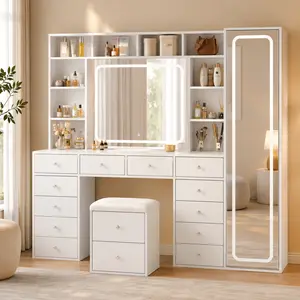 2-in-1 Vanity Desk Full Length Mirror & LED Mirror with Power Outlet, Makeup Vanity 14 Drawers & 10 Shelves, Hidden Storage Capacity, Dimmable & 3 Color Lighting Dressing Table for Bedroom, White,Shipping by 3 Packages