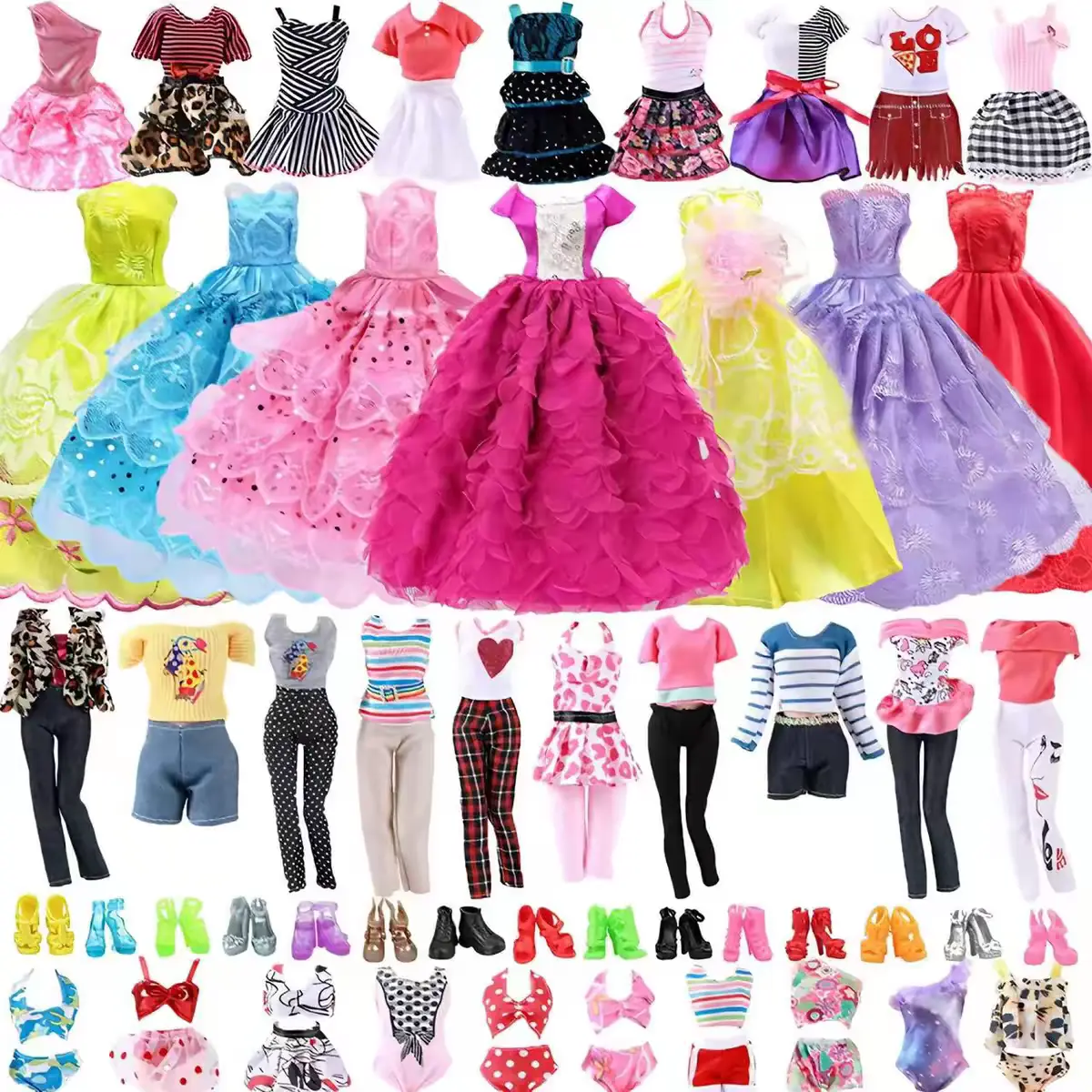 Fashionable shiny doll clothing and accessory set for 11.5-inch dolls | 3 wedding dresses, 7 fashionable dresses, 2 casual outfits, 2 swimwear sets, 15 hangers, 15 pairs of shoes, 53 accessories, gift for girls