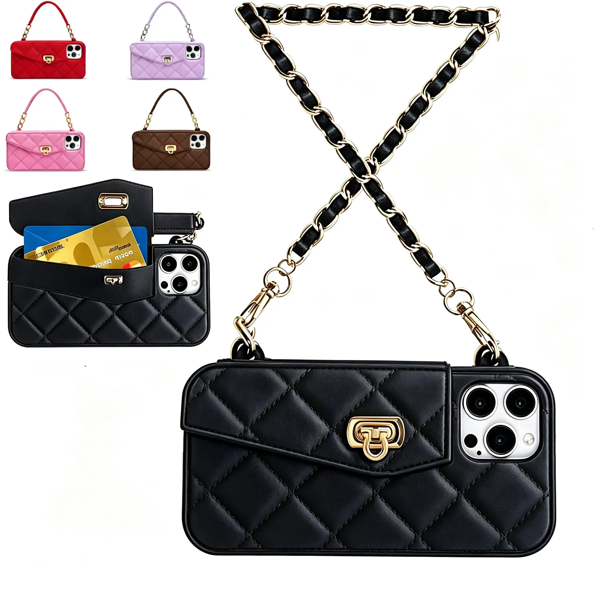 Wallet Phone Case For iPhone 17 Pro Max 16 15 14 13 Cute Light Luxury Bag Design, Purse Flip Card Pouch Cover Soft Silicone Case with Handstrap Long Shoulder Strap