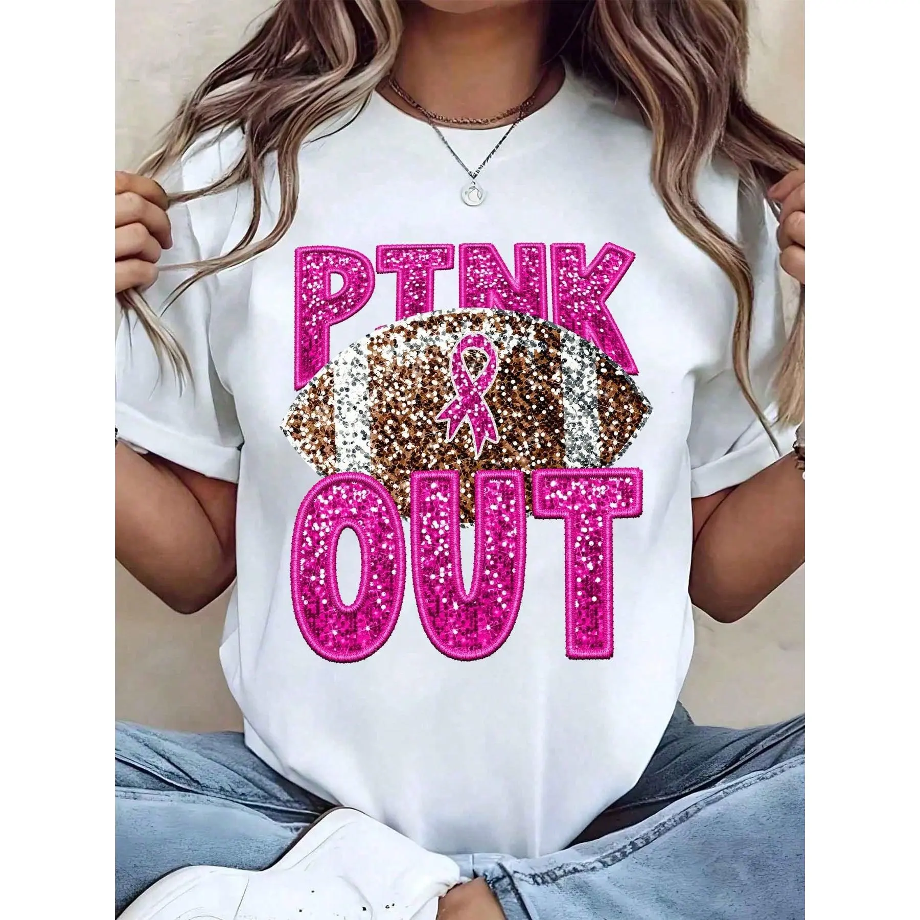 Pink Glitter Football Breast Cancer Awareness Print Women T Shirt Casual Everyday Wear Summer Outfit 220gRelaxed Plus Size T-Shirt