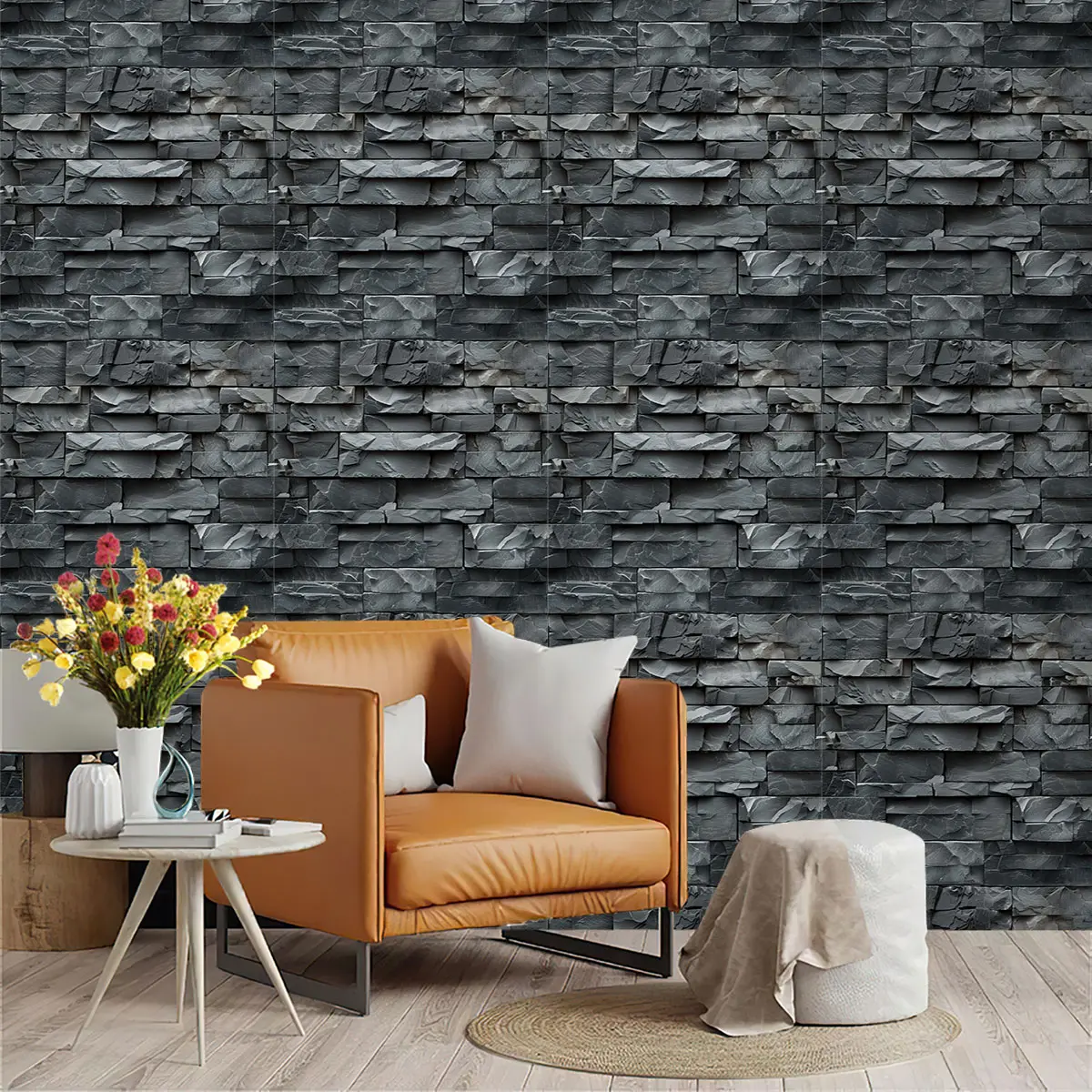 This is a 1-roll loop wallpaper pattern with a stone-brick texture. It is made of PVC material with adhesive on the back, which can be peeled off and pasted on immediately. It is suitable for furniture decoration, kitchen/living room/bedroom wall d