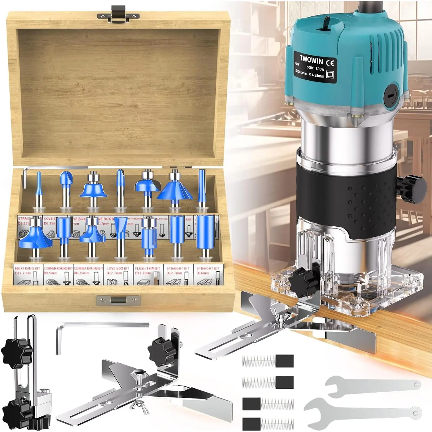 Router Tool, 110V-120V 800W Compact  Router Tool for Woodworking | Electric Hand Trimmer 1/4" Collets Palm  Router Tools Laminate Trimmer + Tungsten Carbide Router Bits 15- Set
