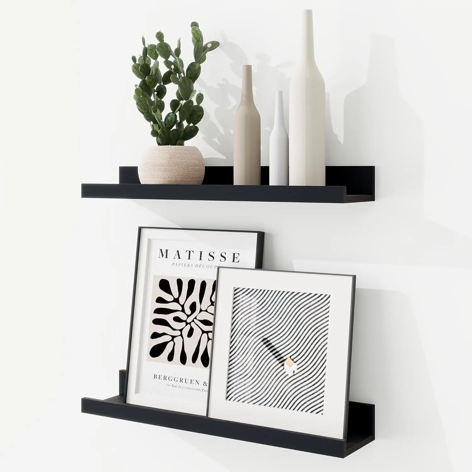 Picture Ledge Shelf, 16 inch Floating Shelves Set of 2, Wood Wall Shelves with Lip, Wall Decor Storage for Bedroom Living Room Bathroom Kitchen Nursery Photo Picture, Black