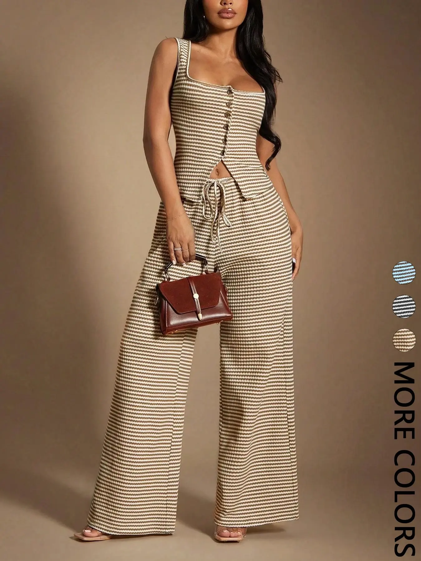 Women's Striped Fitted Sleeveless Square Neck Top + Loose Adjustable Tie-Waist Long Pants Set, Casual Slimming Versatile, Daily Commute Essential, Clothes