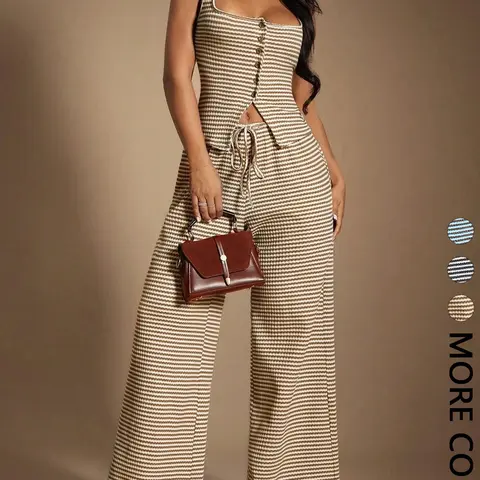 Women's Striped Fitted Sleeveless Square Neck Top + Loose Adjustable Tie-Waist Long Pants Set, Casual Slimming Versatile, Everyday Daily Commute Essential