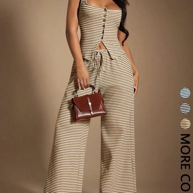 Women's Striped Fitted Sleeveless Square Neck Top + Loose Adjustable Tie-Waist Long Pants Set, Casual Slimming Versatile, Everyday Daily Commute Essential