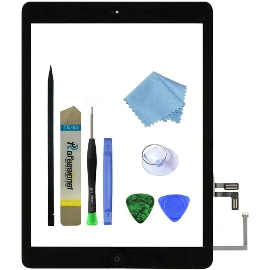 for Black IPad Air 1st Generation  Screen Digitizer Glass  Modle A1474 A1475 A1476 with  Button,Camera Holder,Preinstalled Adhesive,Toolkit.