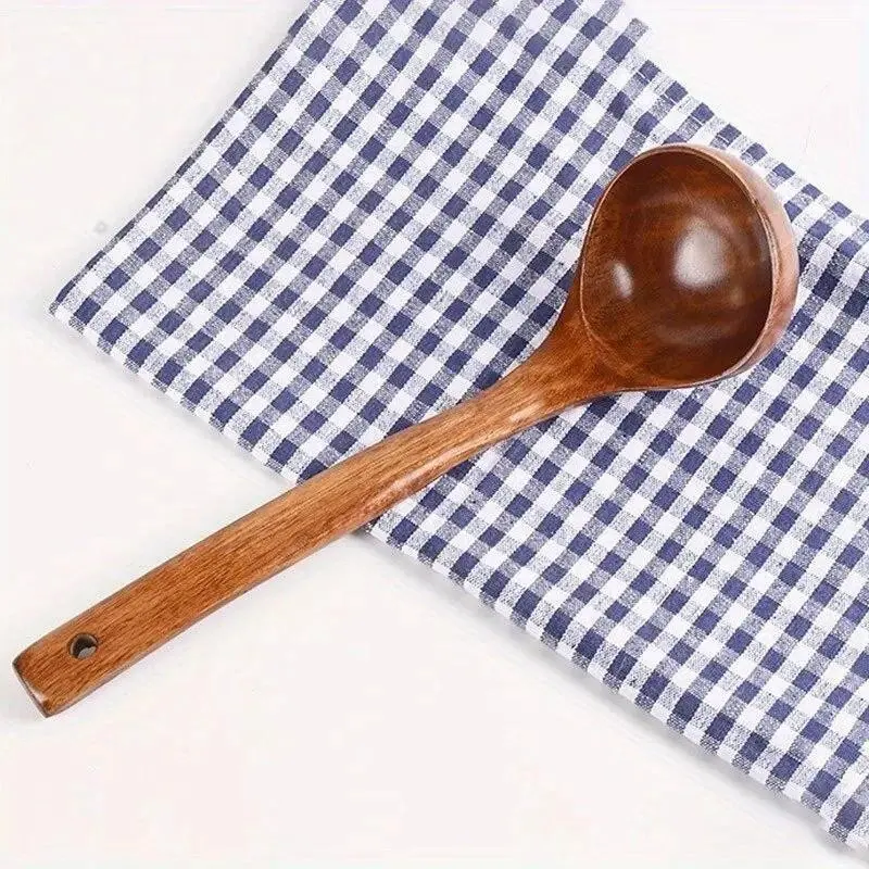 Solid Wood Long Handle Spoon, Antique Lacquer Finish, Non-Stick Safe, Ergonomic Design, Durable Kitchen Tool, Rural Style Wooden Utensil