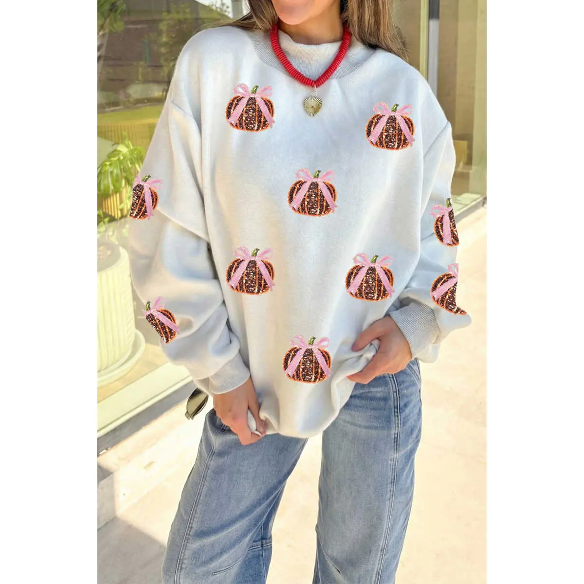 Women's Sparkly Light Grey Sequin Bow Pumpkin Patch Color Block High Neck Ribbed Fabric Tunic Sweatshirt for Day Wear, Casual