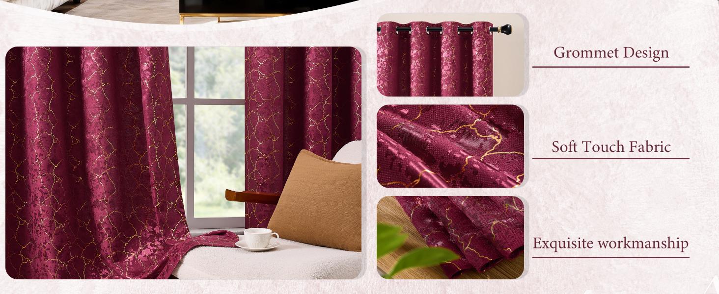 Burgundy Curtains 84 Inches Long 2 Panels Maroon Curtains Room Darkening Drapes Gold Grommet Victorian Marble Textured Window Treatment for Living Room Bedroom, 52x84