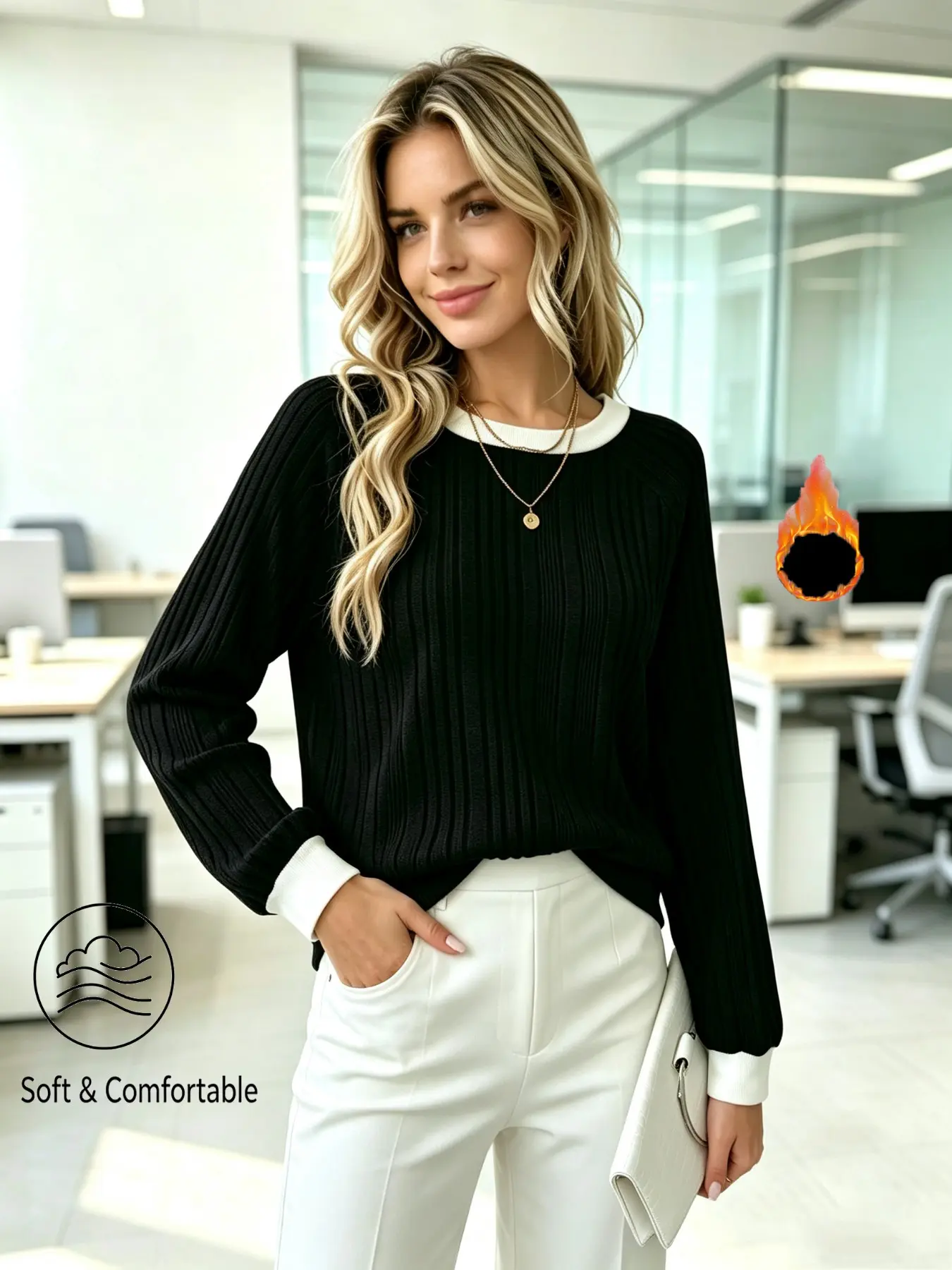 Women's Fall Winter Round Neck Long Sleeve Top, Soft Knit Slim Fit, Versatile Casual Wear, Suitable for Office Daily Home Use