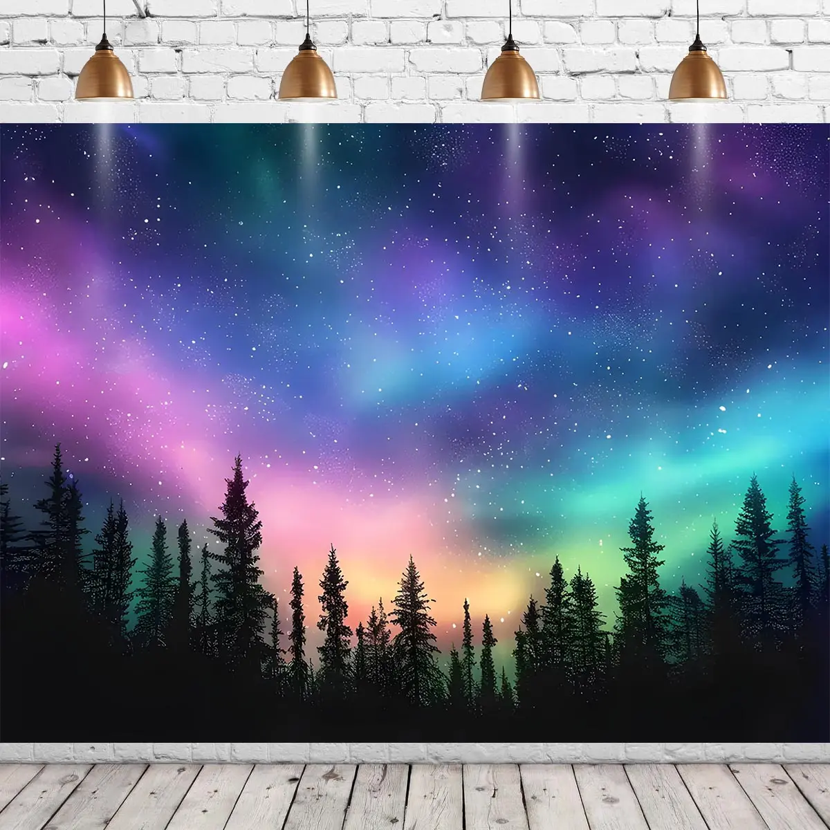 1PC Polyester Northern Lights Aurora Borealis Backdrop, 2D Flat Night Sky Printed Photography Banner, Home & Party Wall Decor for Live Stream Photo Booth Studio