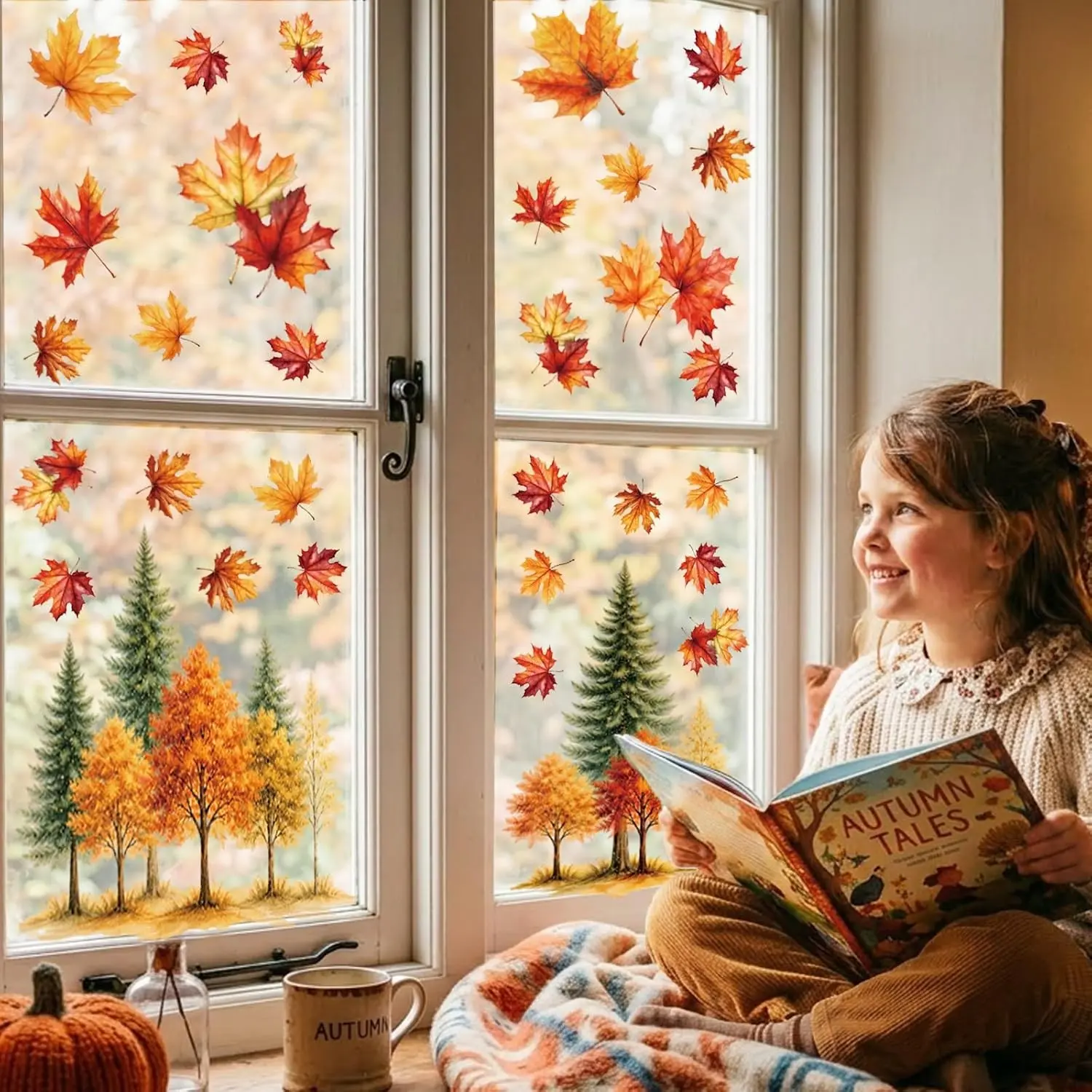 Fall Thanksgiving Window Clings Decor, 9 Sheets Autumn Leaf Window Decals for Glass Windows & Doors, Autumn Tree Stickers for Home Office Classroom Indoor Party HolidayGift