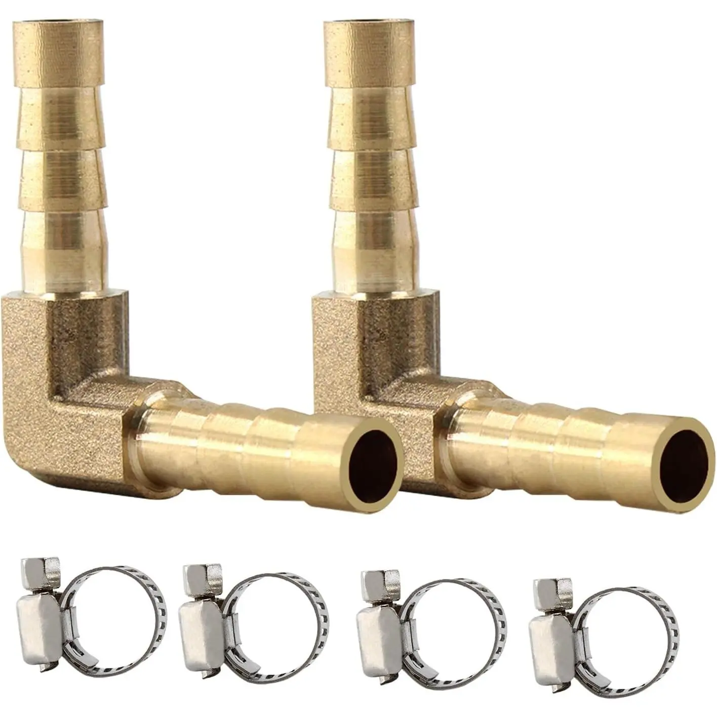 Solid Brass 90-Degree Right Angle Hose Barb Elbow Connector Fitting (2 Count, 1/4" Tubing ID, 6mm), with 4 Count Hose Clamps for Air, Water Applications