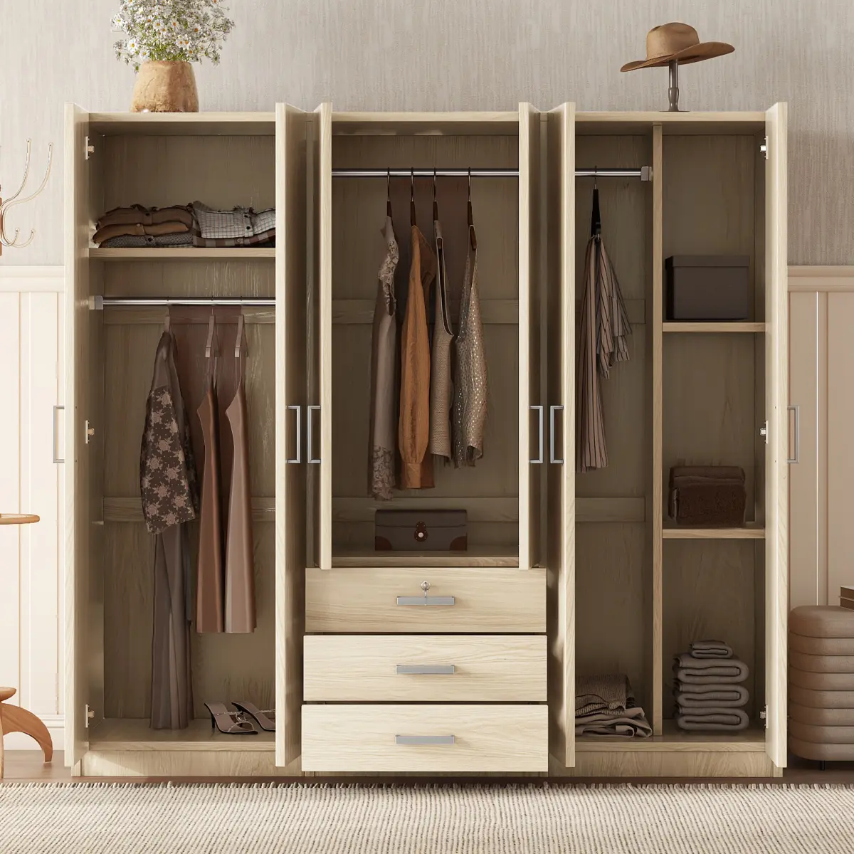 Aobtkel 6-Door Modern Wooden Armoire Cabinet - MDF Wood 19.2" Slim Depth Storage Unit Wardrobe, Gray Clean Lines Bedroom Storage Solution with Large Drawers