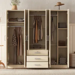 Aobtkel®6-Doors Wooden Wardrobe Storage for Bedroom, with Big Drawers, Natural