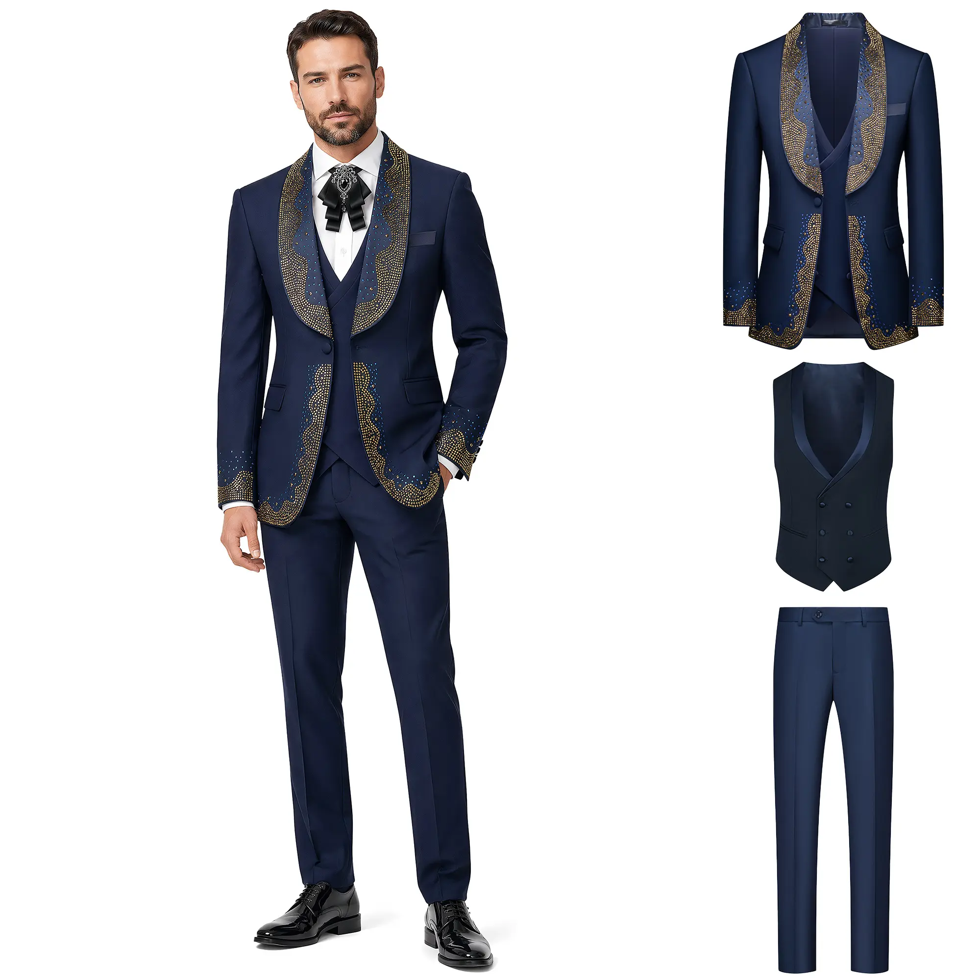 Premium Rhinestone 3 Piece Tuxedo For Men - Complete Shawl Lapel Formal Suit Set