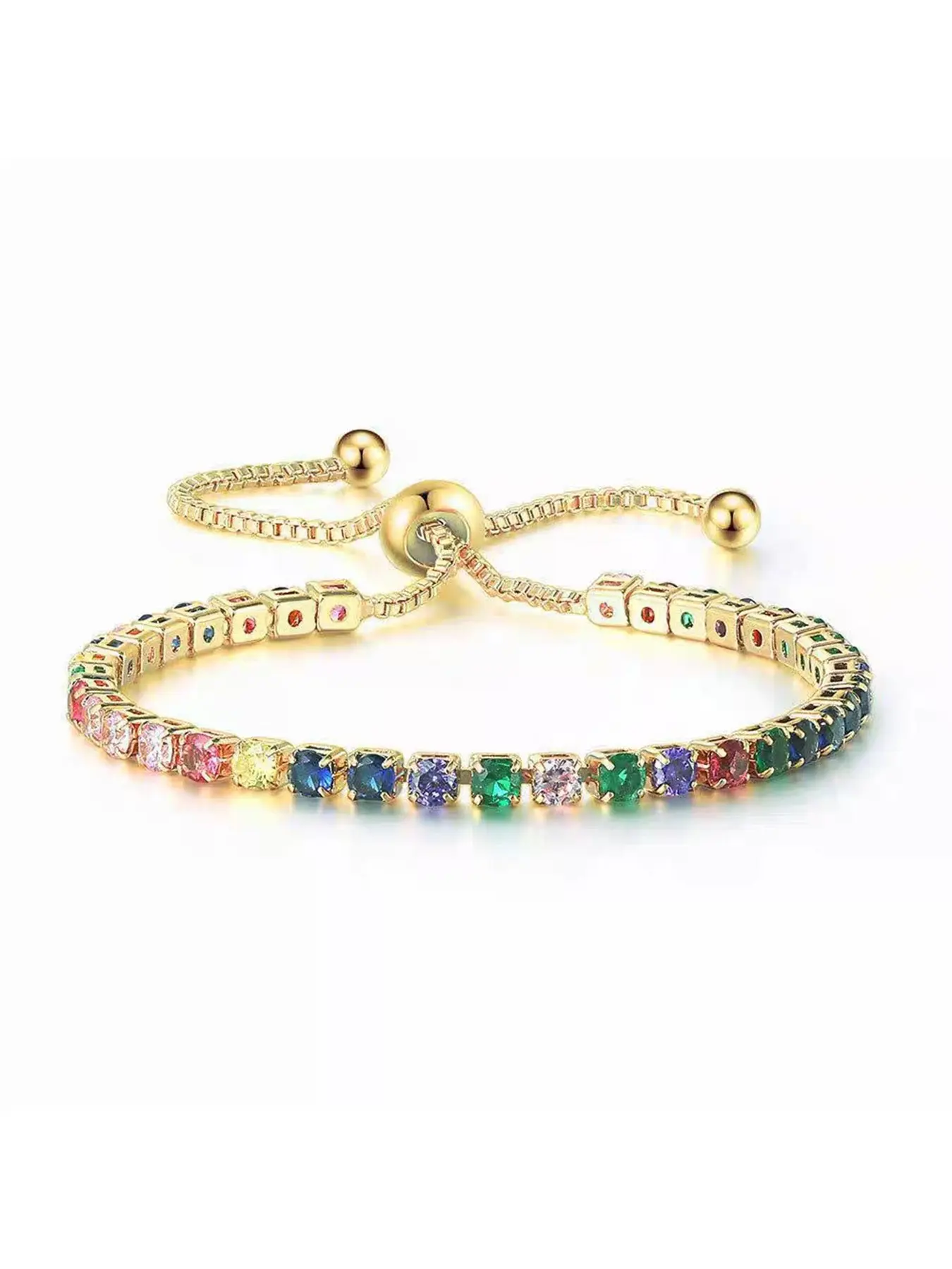 Rainbow Tennis Bracelet for Women Gold Adjustable Slider Bracelet with Colorful CZ Gemstone Crystal Chain Dainty Minimalist Jewelry Stackable Trendy Everyday Wear Bracelet Waterproof Jewelry Gift for Her Birthday Anniversary Adjustable Stack Bracelets