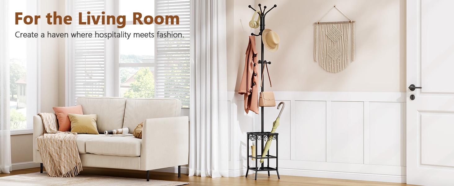 Coat Rack Freestanding, Coat Tree with Umbrella Holder, Metal Coat Rack Stand with 12 Hooks, Standing Coat Hanger Stand, Umbrella Stand for Entryway, Hat Rack Stand for Home Office, Black