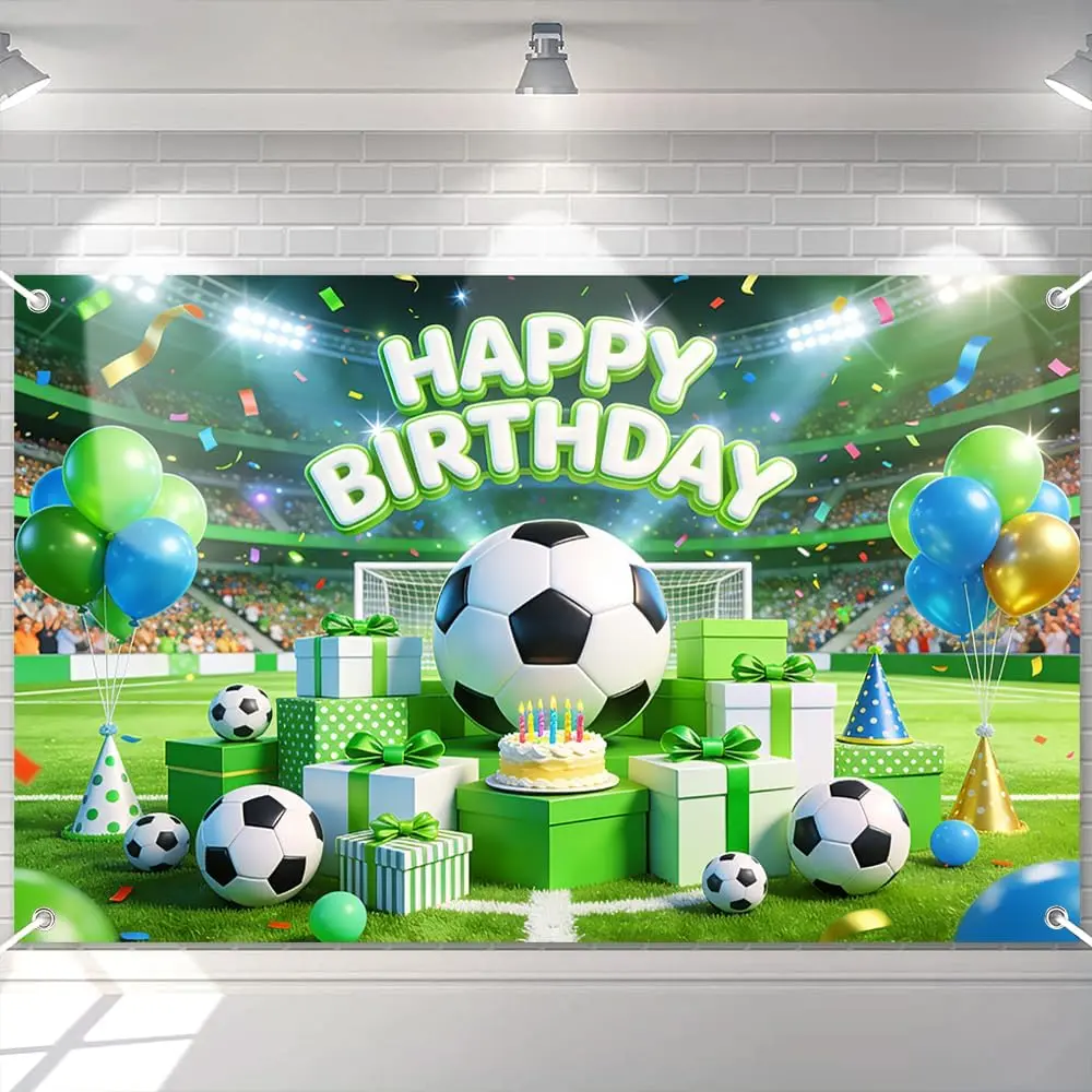 Soccer Backdrop Happy Birthday Soccer Banner  Theme Birthday Banner for Boys Party Decorations Photo Background (6x3.6ft)