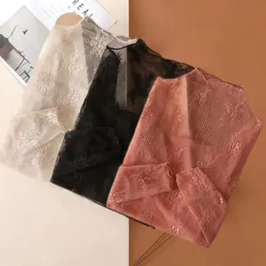 2/3 Pack Women's Elegant Lace Blouse, Chic Solid Semi-Sheer Long Sleeve High-Stretch Tops with Contrast Detailing