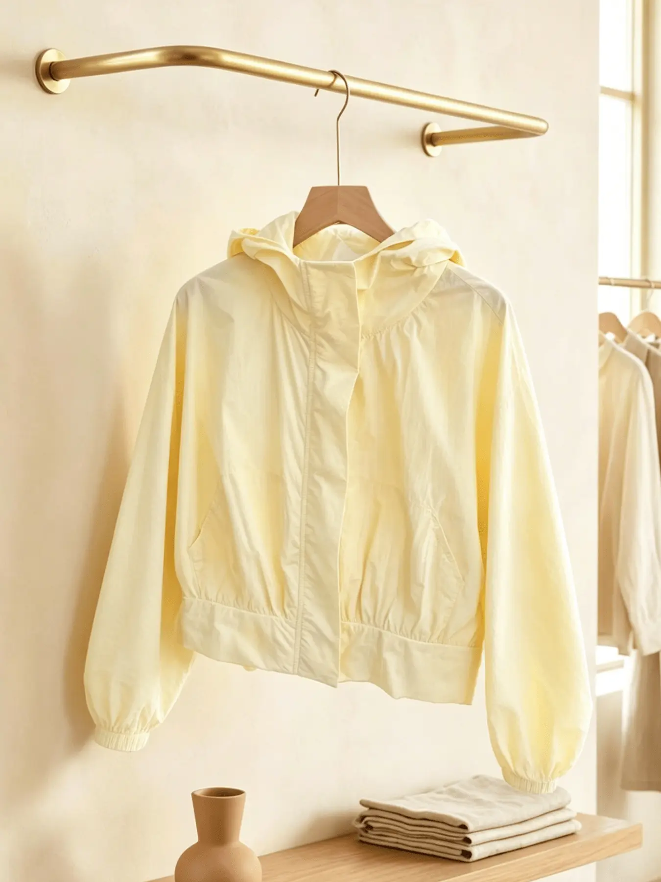 A fashionable yellow short hooded sunshade jacket for women, with a lightweight, lazy, loose cut and versatile suspender, a must-have for daily commuting, suitable for indoor and outdoor wear
