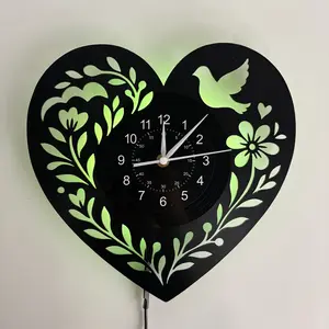 Dove Flower Heart-Shaped Vinyl Record Wall Clock, LED Backlighting, Silent Operation, Romantic Wall Art, Perfect Gift for Parties, Birthdays, Holidays
