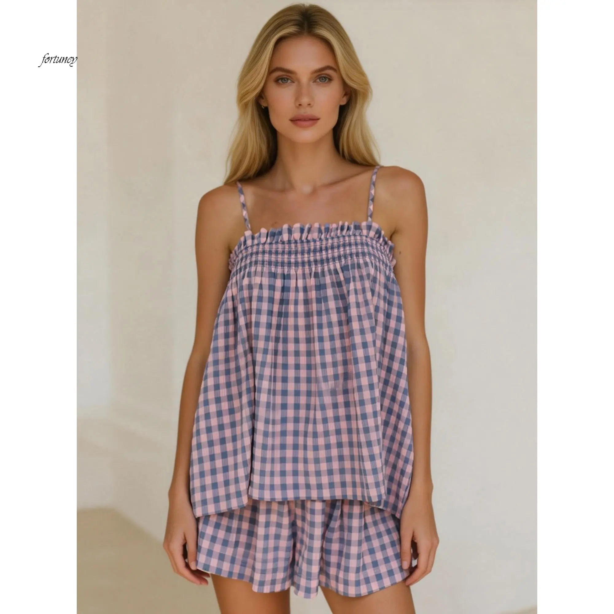 Women's 2 Piece Lounge Outfits Sleeveless Plaid Cami Tank Tops Wide Leg Shorts Sets