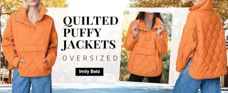 Imily Bela Womens Puffer Pullover Jacket Winter Quilted Hoodies Contrast Trim Hooded Puffy Coat Outerwear with Pockets