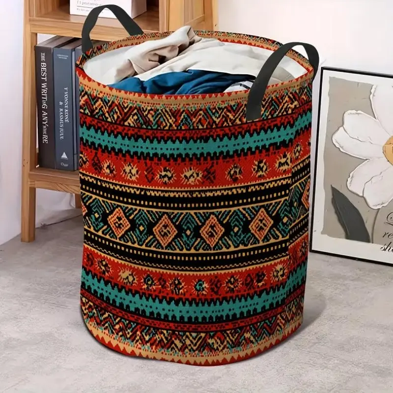 1PC, Bohemian Pattern Foldable Round Laundry Basket - Compact and Portable Storage Bin, Suitable for Bathroom, Bedroom, and Travel - Durable Polyester Dirty Clothes Hamper with Handles, Ideal for Home Decor, Laundry Room Accessories