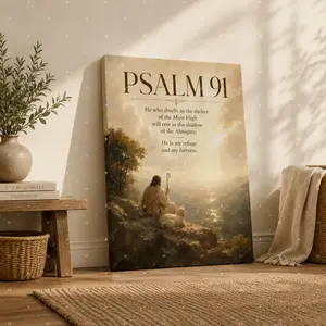 Psalm 91 Shepherd Scene Vertical Canvas Wall Art, Religious Christian Poster, Home Decor for Living Room Bedroom, Available as Unframed Canvas Poster or Framed Canvas Wrap