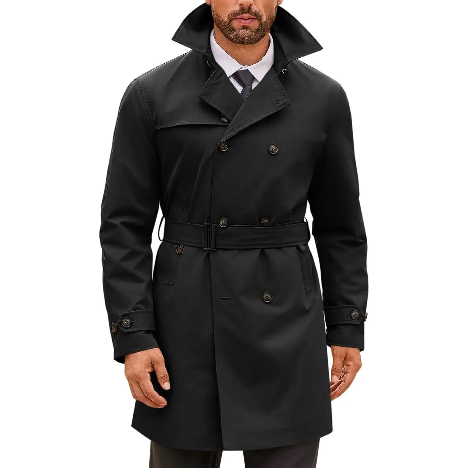 Mens Double Breasted Trench Coat - Notched Lapel, Slim Fit, Mid-Length, Long Sleeves, Solid Color, Button-Up, Belted Casual Windbreaker Overcoat with Tops & Slacks Compatibility