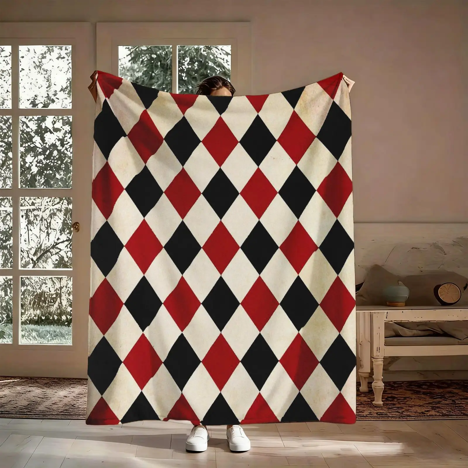 Vintage Clown Jester Harlequin Graphic Throw Blanket - Soft Flannel Red, Black & Cream Diamond Carnival Decor - Cozy Nap Blanket & Sofa Tapestry, Gift