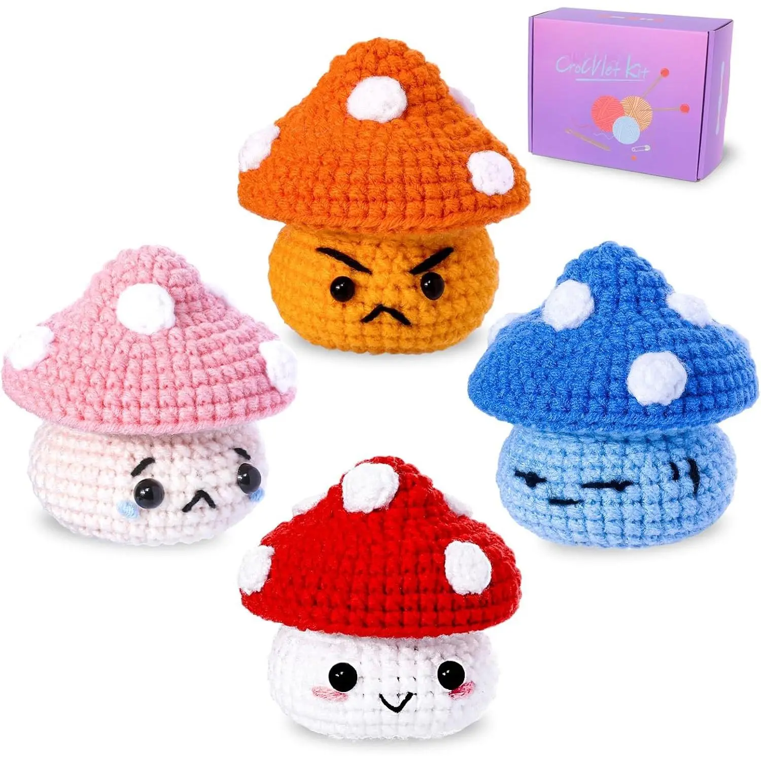 Crochet Kit for Beginners Adults  - Amigurumi Crochet Kit for Beginners with Step-by-Step Video Tutorials - Beginner-Friendly Yarn - Easy Learn to DIY Knitting Supplies - 4 Pack Mushroom