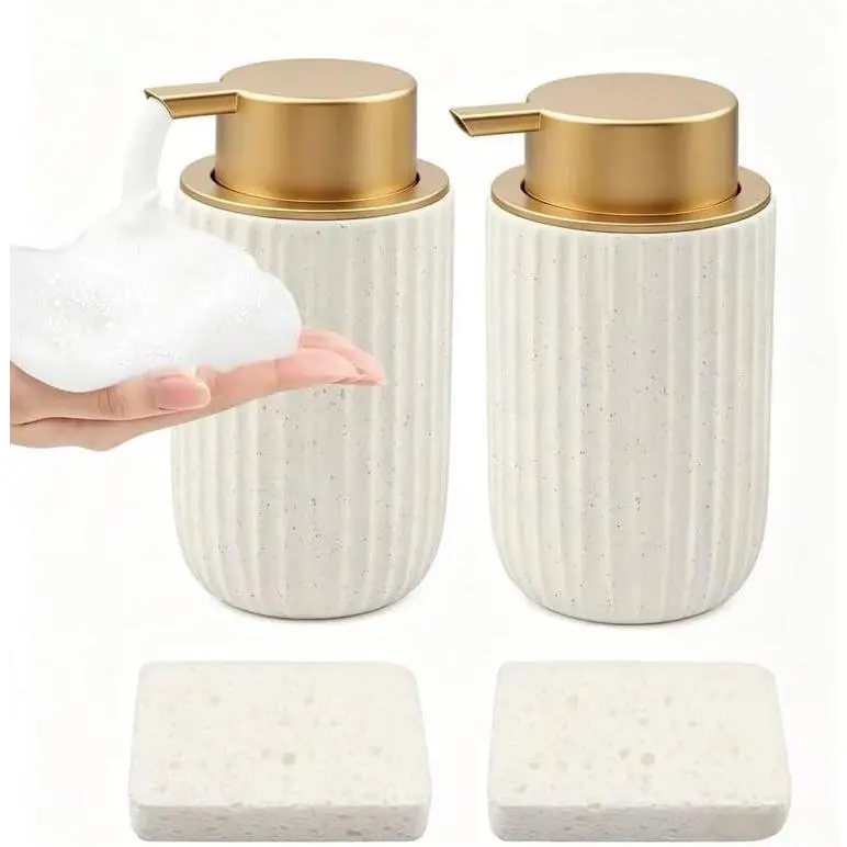 2-Pack Ceramic-Plastic Foaming Soap Dispenser with Removable Pump, 12 oz Compact Refillable Countertop Piece for Bathroom & Kitchen Cleaning, Modern Home Supply