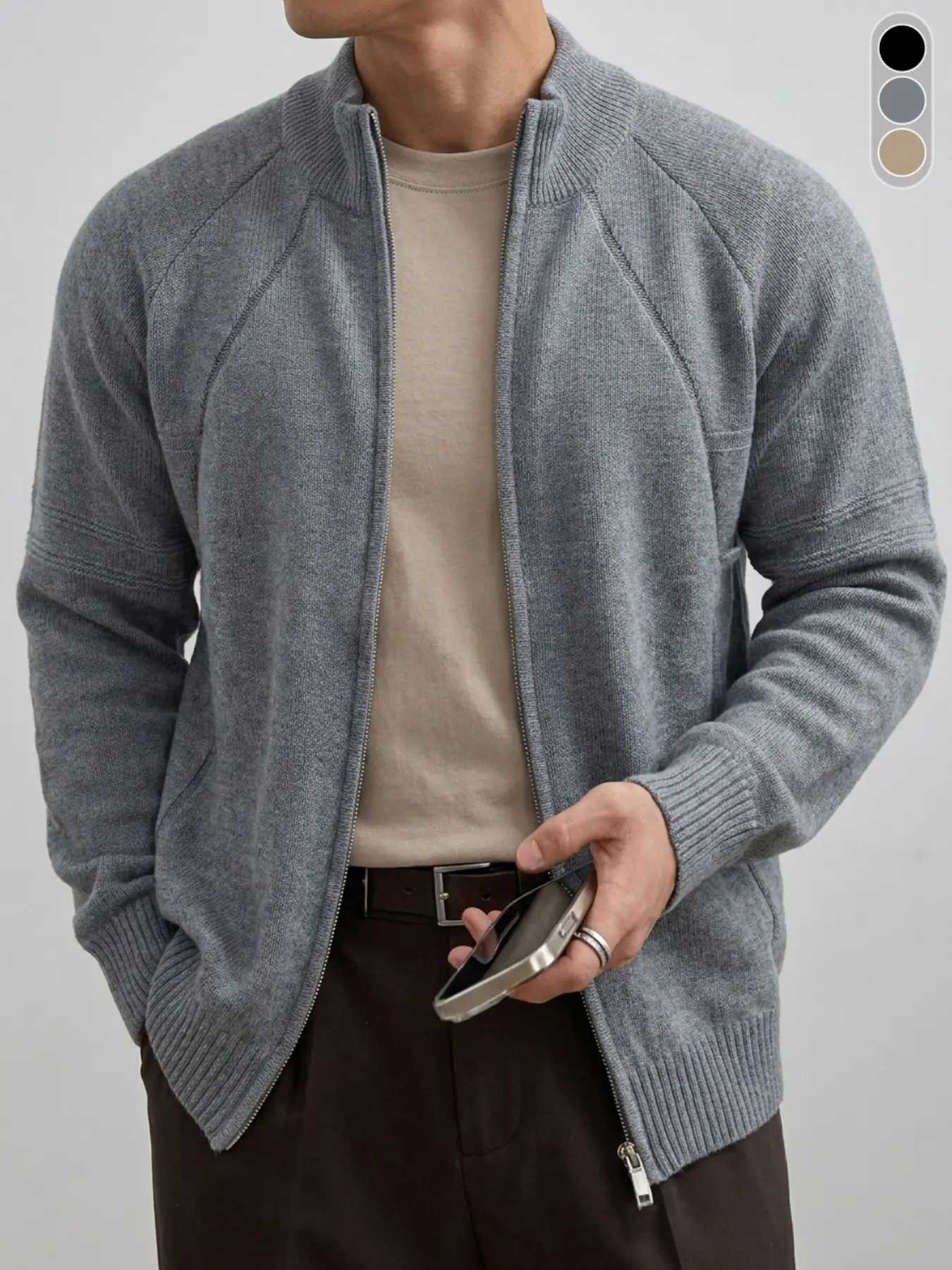 Men's Zip Up Knit Cardigan Stand Collar Full Zip Sweater Jacket Raglan Sleeve Fall Winter Long Sleeve Casual Daily Wear Streetwear Premium Fabric with Pockets Warm Comfortable Versatile All-match Fashion Knit Outerwear for Men Black Gray Khaki
