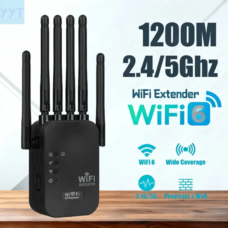 YYT1 Wi-Fi 6 Signal Booster, 1400mbps Mesh WiFi Extender, Dual Band WiFi 2.4GHz/5GHz, WiFi Repeater, 6 Antennas, Easy Installation, Full Home Coverage