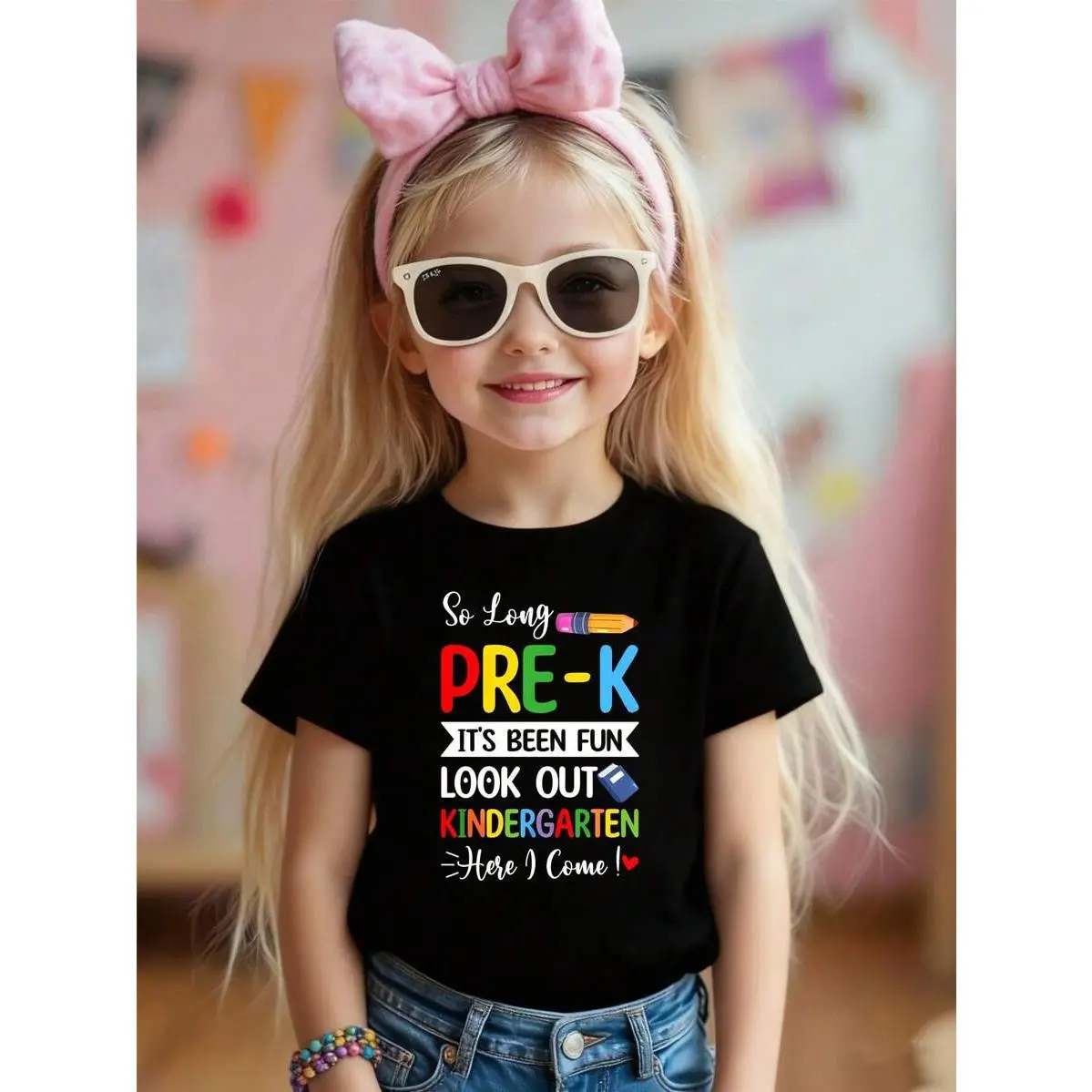 AYJK7 Pre K Graduation Design Kid's T-Shirt Colorful Text And School Icons Style Kindergarten Transition Theme Black Shirt For Kids Perfect For Preschool Graduation Gifts