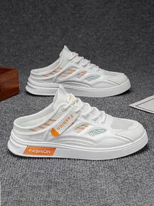 Men White Mesh Mule Sneakers Orange Fashion Label Breathable Slip-On Casual Half Shoes