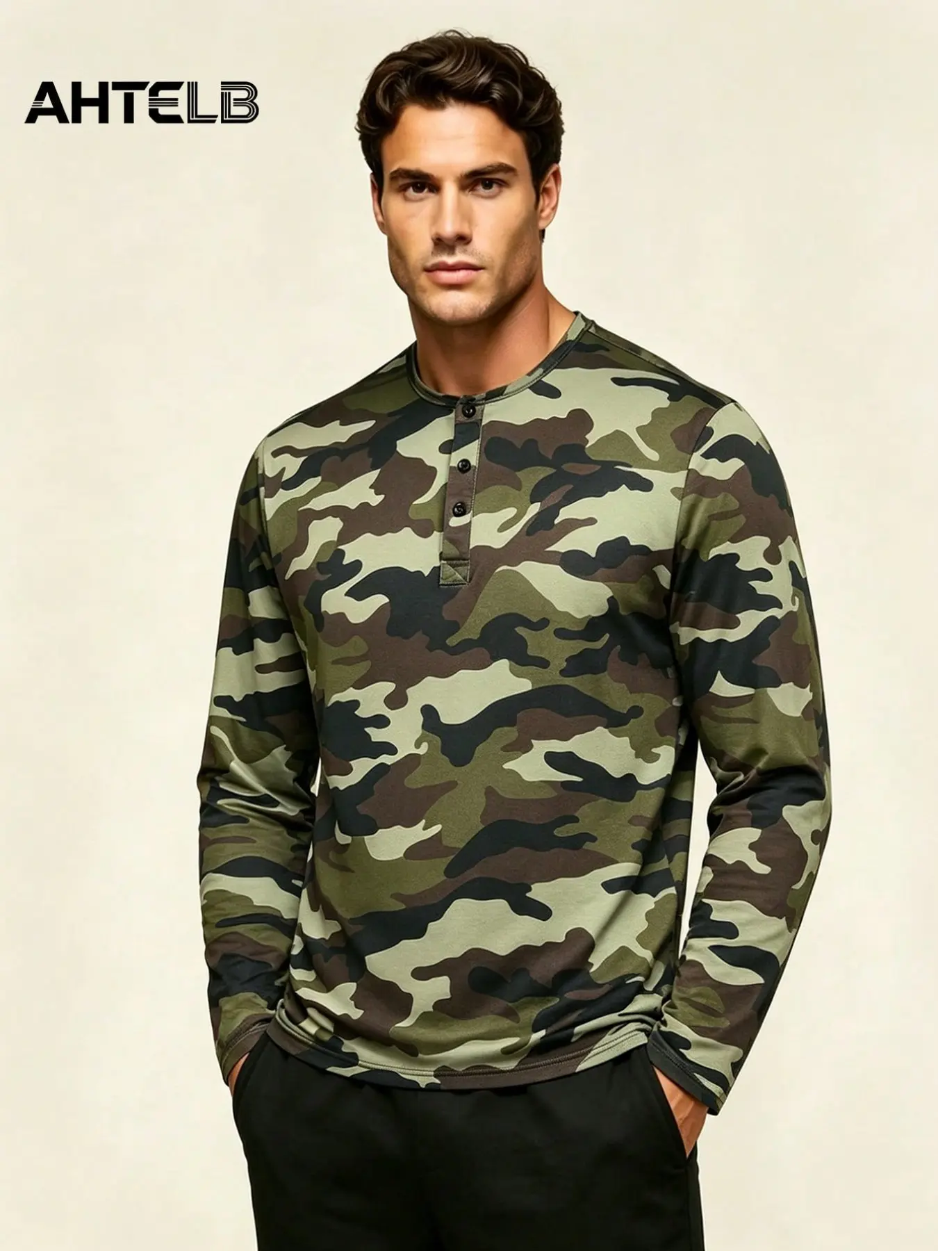 AHTELB Men's Summer Camo Print Long Sleeve Shirt, Breathable Sporty Top, Slim Fit, All Seasons, Gym Clothes, Gifts for Men