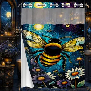1 Pc Hookless Double Layer Shower Curtain, Artistic Bee & Daisy Print, Machine Washable Waterproof Mildew Resistant Fabric, Pastoral Home Bathroom Decor, Removable Snap-in Liner, Top See-Through Curtain, Bathroom Divider - 71"×74"