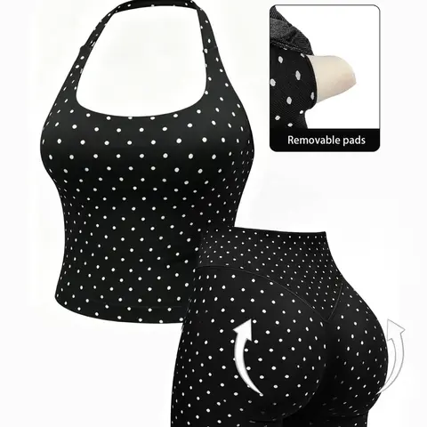 New Dot Print Women's Halter Sports Yoga Set, Plain Neck Tank Top with Shorts, Breathable Quick Dry Fitness Wear, 2-Piece Outdoor Running Yoga Set, Running Outfits, Breathable Sportswear, Sports Clothing Set