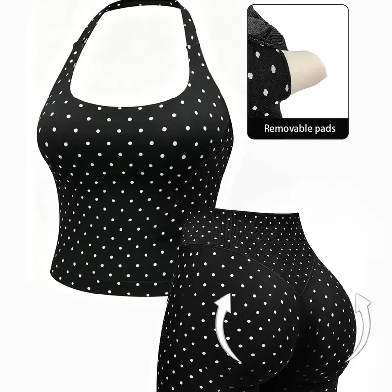 New Dot Print Women's Halter Sports Yoga Set, Plain Neck Tank Top with Shorts, Breathable Quick Dry Fitness Wear, 2-Piece Outdoor Running Yoga Set, Running Outfits, Breathable Sportswear, Sports Clothing Set