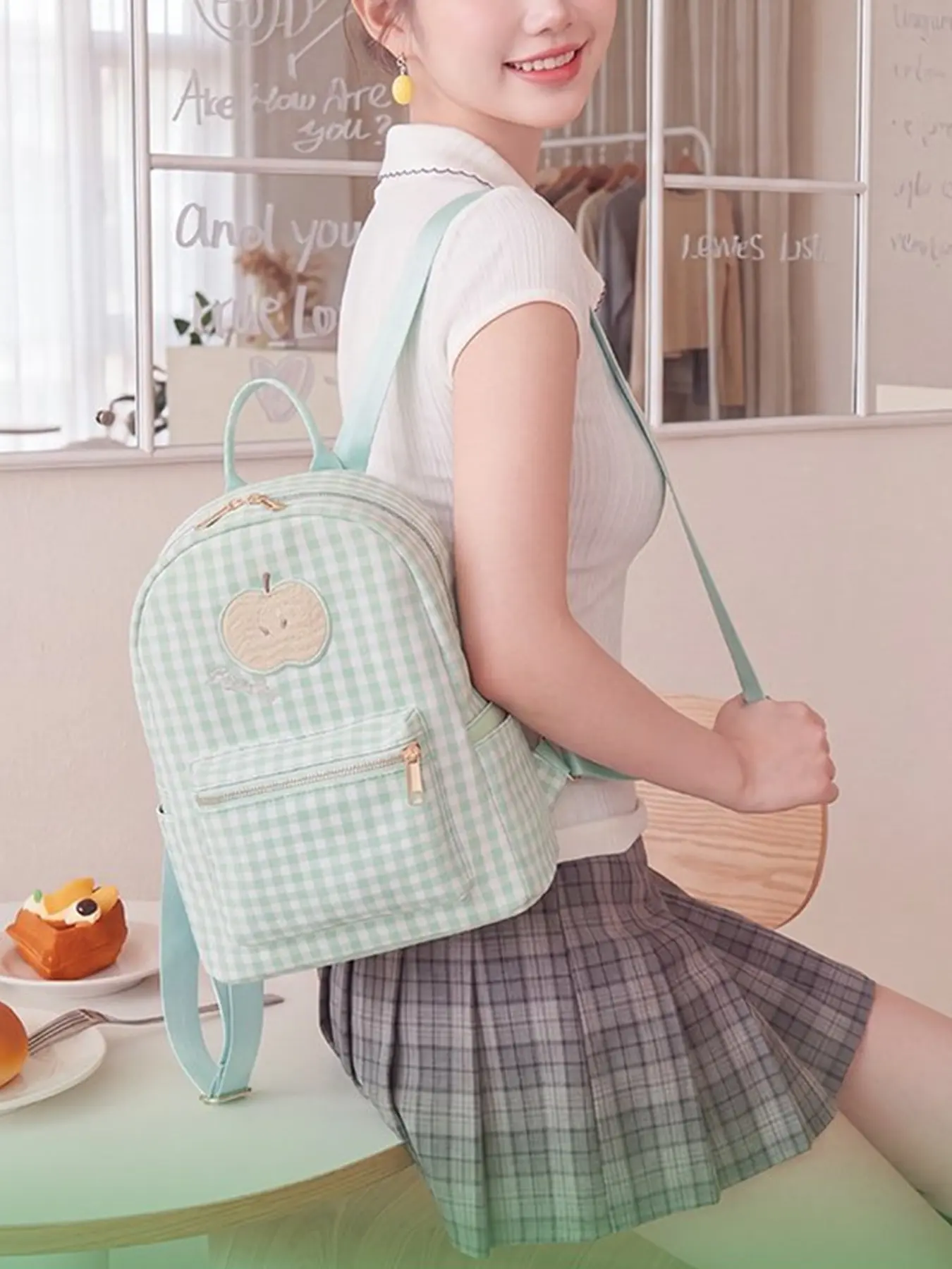 Green Gingham Backpack with Apple Embroidery, Pink/Mint Strap Options, Double Gold Zipper & Adjustable Straps, Cute Kawaii School Bag, Ideal Gift for Back to School Graduation Holidays